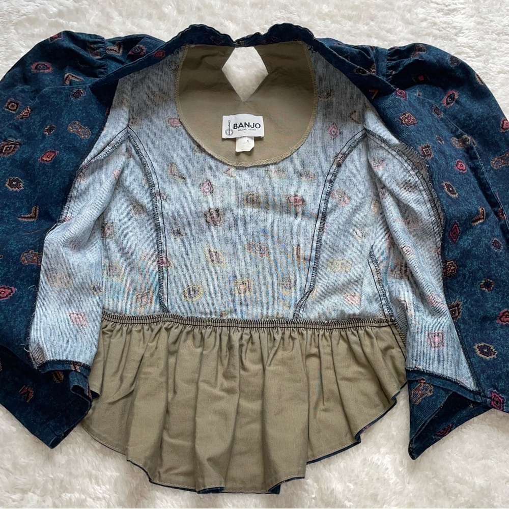 Banjo 90’s crop denim corduroy button up western print puff sleeve blouse - Picture 5 of 8